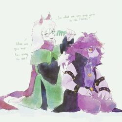  1boy 1girl armlet black_jacket bracelet brushing_hair capelet colored_sclera comb deltarune english_commentary english_text furry furry_female furry_male glasses goat_boy green_capelet green_robe heart heart_necklace highres holding holding_comb horns jacket jewelry lea_orris necklace pants pink_horns pink_scarf purple_hair purple_pants purple_shirt ralsei reptile_girl robe round_eyewear scarf shirt sitting sleeveless sleeveless_jacket spiked_armlet spiked_bracelet spikes susie_(dark_world)_(deltarune) susie_(deltarune) utdr_(toby_fox) yellow_sclera 