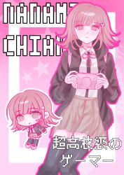  1girl bou_syo breasts brown_hair chibi collared_shirt danganronpa_(series) danganronpa_2:_goodbye_despair flipped_hair frown hair_ornament handheld_game_console highres holding holding_handheld_game_console hood jacket long_sleeves looking_at_viewer medium_hair nanami_chiaki neck_ribbon open_clothes open_jacket pink_eyes pink_ribbon pleated_skirt ribbon shirt skirt smile thigh-highs two-tone_shirt white_shirt 