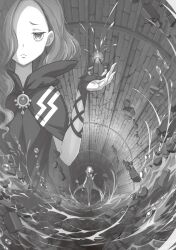  1girl bad_source black_dress breaking brick_wall clarissa_(re:zero) cloak crack cracked_wall debris dress gloom_(expression) gloves highres holding long_hair looking_at_viewer monochrome official_art ootsuka_shin'ichirou partially_fingerless_gloves projected_inset re:zero_kara_hajimeru_isekai_seikatsu sewer third-party_source tunnel underground water 