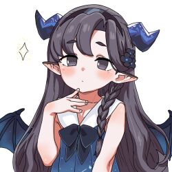  1girl armpit_crease bare_arms black_eyes black_hair black_hairband blue_bow blue_dress blush bow braid closed_mouth collarbone commentary_request constellation_print dot_mouth dragon_ears dragon_girl dragon_horns dragon_wings dress finger_to_own_chin flower hair_flower hair_ornament hairband horns kidian_(trickcal) long_hair looking_at_viewer official_alternate_costume pointy_ears simple_background sleeveless sleeveless_dress solo sparkle star_(symbol) star_print swept_bangs trickcal upper_body usavivi777 very_long_hair white_background wings 