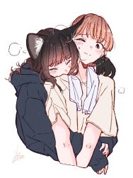  1other 2girls animal_ear_fluff animal_ears animal_on_shoulder black_cat black_hair black_hoodie blunt_bangs blush brown_shirt cat cat_ears cat_girl cat_on_shoulder closed_eyes closed_mouth commentary_request cowlick cropped_torso grey_eyes head_on_another's_shoulder highres hood hoodie hug hug_from_behind kuro_(uchi_no_kuroneko_onnanoko) long_hair long_sleeves mame_(uchi_no_kuroneko_onnanoko) megateru multiple_girls one_eye_closed orange_hair oversized_clothes owner_(uchi_no_kuroneko_onnanoko) shirt signature simple_background sleeves_past_wrists sweatdrop towel towel_around_neck uchi_no_kuroneko_onnanoko upper_body v_arms white_background 