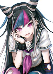  1girl :d absurdres asymmetrical_legwear black_hair black_nails black_sailor_collar black_scrunchie black_skirt blue_streaks blue_thighhighs blunt_bangs blush chromatic_aberration commentary cone_hair_bun cowboy_shot danganronpa_(series) danganronpa_2:_goodbye_despair double_bun ear_piercing eyelashes face_piercing hair_bun hand_on_own_cheek hand_on_own_face hand_up highres jewelry leaning_forward long_hair looking_at_viewer lower_teeth_only miniskirt mioda_ibuki mismatched_legwear multicolored_hair nail_polish neckerchief necklace open_mouth piercing pink_eyes pink_neckerchief pink_streaks pink_thighhighs pleated_skirt ringed_eyes rrtp sailor_collar sailor_shirt school_uniform scrunchie serafuku shirt short_sleeves signature simple_background sitting skirt smile smug solo spiky_hair streaked_hair teeth thigh-highs torn_clothes torn_thighhighs tsurime v-shaped_eyebrows very_long_hair white_background white_shirt white_streaks wrist_scrunchie zettai_ryouiki 