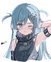  arm_behind_head armlet black_hair black_shirt blue_eyes blush bone_hair_ornament closed_mouth commentary_request cropped_torso dot_nose hair_ornament halterneck highres jewelry long_hair looking_at_viewer mameko_(mamemame81) one_eye_closed shirt simple_background skeleton_print solo spaghetti_strap split_mouth sweatdrop translation_request two_side_up virtual_youtuber vspo! white_background yano_kuromu yano_kuromu_(1st_costume) 
