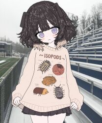  1girl antennae arthropod_girl black_hair blush bow bug commentary english_commentary eternalsoulrape freckles hair_bow highres isopod lifting_own_clothes looking_at_viewer ollie_(eternalsoulrape) original outdoors oversized_clothes pleated_skirt print_sweater raised_inner_eyebrows short_hair skirt solo sweater violet_eyes 