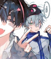  2boys alien_stage bandaid bandaid_on_face bandaid_on_nose black_eyes black_hair blurry fang green_eyes hair_ornament hairclip highres ivan_(alien_stage) jacket long_sleeves looking_at_viewer male_focus multiple_boys open_mouth shirt short_hair skin_fang sleeves_past_wrists smile star_(symbol) till_(alien_stage) v white_hair zhi_bai 