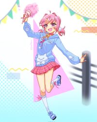  1girl ahoge alternate_costume arm_up bell blue_bow blue_hoodie blue_shoes bow cat_hair_ornament choker commentary cotton_candy doki_doki_literature_club english_commentary eyelashes fang food footwear_bow full_body hair_intakes hair_ornament hair_ribbon hairclip highres holding holding_cotton_candy holding_food hood hood_down hoodie jewelry jingle_bell long_sleeves miniskirt natsuki_(doki_doki_literature_club) neck_bell open_mouth pink_eyes pink_hair pink_ribbon pink_skirt plaid_clothes plaid_skirt popidoru red_choker ribbon ring shoes short_hair short_twintails skirt smile socks solo standing standing_on_one_leg string_of_flags twintails twitter_username white_socks yellow_ribbon 