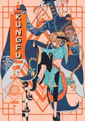  1boy 1girl 3others absurdres arm_up bandaged_head bandages black_eyes black_jacket black_pants black_shoes blonde_hair blue_bow blue_eyes blue_shirt bow braid braided_twintails chinese_clothes commentary demon_horns donut_hair_bun extra_eyes fighting_stance from_side hair_bow hair_bun hat_tassel highres horns human_tower jacket knee_up kung_fu leg_up long_hair long_sleeves looking_ahead mandarin_collar midriff monster_boy multiple_others muranoa orange_background orange_sash original pants parted_lips pelvic_curtain profile red_eyes sharp_teeth shirt shoes single_horn sleeves_past_fingers sleeves_past_wrists stacking standing standing_on_one_leg tall_male tangzhuang tassel teeth tiptoes twin_braids very_long_hair yellow_horns 