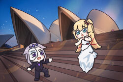  1other 2girls akai_haato alternate_costume aqua_eyes australia bing_huyue black_shoes black_suit blonde_hair blush_stickers commentary dress english_commentary eye_mask formal_clothes gem gem_hair_ornament gown hair_flaps hair_ornament heart heart_hair_ornament highres hololive hololive_english koseki_bijou long_hair mask multiple_girls musical_note night one_side_up open_mouth phantom_of_the_opera purple_gem purple_hair real_world_location red_ribbon ribbon shoes short_hair simple_bird singing suit sydney sydney_opera_house tiara tuxedo very_long_hair violet_eyes virtual_youtuber wedding_dress white_gown wig x_hair_ornament 