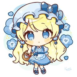  1girl :o absurdres apron basket blonde_hair blue_apron blue_dress blue_eyes blue_flower blue_hat blue_shoes blue_socks blush_stickers bow chibi chibi_only commentary dosukoi_(nagihoko) dress earrings english_commentary flower flower_earrings flower_request footwear_bow full_body hand_up hat highres jewelry long_hair looking_at_viewer mob_cap open_mouth original shoes signature socks solo standing very_long_hair 