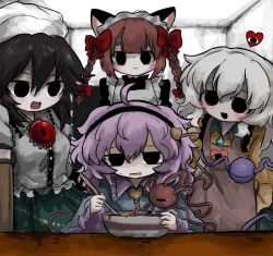  4girls :3 :d alternate_costume animal_ears apron arm_cannon black_dress black_eyes black_hairband blank_room_soup blue_shirt blush bowl braid buttons cat_ears chef_hat chest_eye closed_mouth collared_shirt commentary_request control_rod_(touhou) diamond_button disembodied_linked_eye dress empty_eyes enmaided eyeball frilled_shirt_collar frilled_sleeves frills green_hair green_skirt hair_ornament hairband hat heart heart_button heart_hair_ornament heart_print heripantomorrow kaenbyou_rin komeiji_family_(touhou) komeiji_koishi komeiji_satori long_sleeves looking_at_another maid maid_apron maid_headdress multiple_girls open_mouth pink_apron pink_hair puffy_short_sleeves puffy_sleeves red_hair reiuji_utsuho shirt short_sleeves siblings sisters skirt smile sweatdrop third_eye touhou twin_braids weapon white_shirt wide_sleeves yellow_shirt 