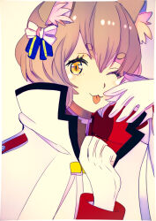  1boy :3 ;3 animal_ear_fluff animal_ears blue_bow bow brown_hair cape cat_boy cat_ears commentary felix_argyle gloves hair_bow highres looking_at_viewer male_focus multicolored_bow nao_misawa official_alternate_costume one_eye_closed re:zero_kara_hajimeru_isekai_seikatsu short_eyebrows short_hair simple_background solo thick_eyebrows tongue tongue_out trap undershirt upper_body white_bow white_cape white_gloves yellow_background yellow_bow yellow_eyes 