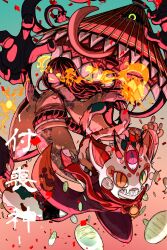  1boy 1girl absurdres animal_ears black_hair black_kimono blank_eyes body_fur calico_(pattern) cat_boy cat_ears cat_tail claws coin commentary confetti creature demon_horns extra_arms fire flame_print flaming_eye floral_print floral_print_kimono furry furry_male gold green_eyes grin hand_up heterochromia highres horns japanese_clothes karakasa_obake kimono koban_(gold) long_hair long_tongue looking_at_viewer looking_down maneki-neko multiple_tails muranoa obi one-eyed orange_eyes original outstretched_arms pinky_out print_kimono pyrokinesis reaching reaching_towards_viewer red_eyes red_horns red_scarf rope sash scarf smile spikes spread_arms tail third_eye tongue tongue_out tsukumogami two_tails umbrella very_long_tongue white_fur white_kimono white_sash wide_sleeves zashiki-warashi 