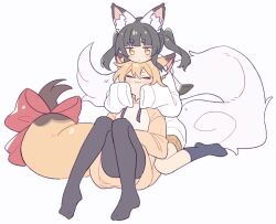  2girls :3 animal_ear_fluff animal_ears black_hair black_pantyhose black_socks blonde_hair blunt_bangs bow closed_eyes double-parted_bangs fang fox_ears fox_girl fox_tail full_body hands_on_another's_face head_rest hood hoodie large_bow multiple_girls original pantyhose red_bow short_eyebrows shorts simple_background sitting skin_fang sleeves_past_fingers sleeves_past_wrists socks suzuno_(suzuno3110) tail tail_bow tail_ornament thick_eyebrows twintails wariza white_background white_hoodie yellow_eyes yellow_hoodie yellow_shorts 