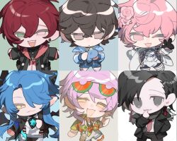  5boys 6+boys :3 black_eyes black_gloves black_hair black_jacket black_shirt black_shorts blue_flower blue_hair blue_jacket blue_rose braid chibi chibi_only chinese_commentary closed_mouth collared_shirt commentary_request earrings eyewear_on_head fangs flower gloves green_eyes grey_eyes hair_between_eyes hair_flower hair_ornament hair_over_one_eye hawaiian_shirt heterochromia holding horns jacket jewelry long_hair long_sleeves looking_at_viewer male_focus multiple_boys necktie one_eye_closed onitwo open_clothes open_jacket open_mouth original pants pink_eyes pink_flower pink_hair pointy_ears red_hair red_necktie rose sharp_teeth shirt short_hair short_sleeves shorts smile sunglasses teeth virtual_youtuber white_jacket white_shirt white_shorts wings yellow_eyes 