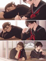  1boy 1girl black_jacket black_sailor_collar black_serafuku black_shirt breasts brown_hair classroom crossed_arms desk earrings english_text eren_yeager gakuran glasses hair_between_eyes half_updo hand_in_own_hair hanpetos head_on_hand hetero holding holding_pencil jacket jewelry looking_at_another medium_breasts mikasa_ackerman neckerchief official_alternate_costume parted_lips pencil red-framed_eyewear red_neckerchief red_shirt sailor_collar scar scar_on_cheek scar_on_face school_desk school_uniform serafuku shingeki_no_kyojin shirt short_hair upper_body writing 