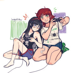  2girls absurdres alternate_costume black_hair black_tank_top blue_eyes blue_shorts blunt_bangs budgieflitter cassidy_amber clothes_writing controller drill_hair drill_sidelocks eva_tsunaka game_controller glasses gradient_hair green_eyes green_socks hairband highres holding holding_controller holding_game_controller light_smile long_hair multicolored_hair multiple_girls project:_eden's_garden red_hair red_hairband shirt short_hair short_sleeves shorts sidelocks simple_background sitting socks t-shirt tank_top very_long_hair wavy_hair white_background white_hair white_shirt white_socks 