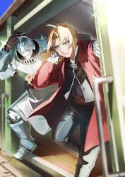  2boys ahoge alphonse_elric apron armor belt black_gloves black_jacket black_pants black_shirt blonde_hair braid briefcase brothers brown_belt chell_(chell9830) closed_mouth coat edward_elric full_armor fullmetal_alchemist furrowed_brow gloves hair_over_shoulder highres horns jacket looking_at_viewer male_focus medium_hair multiple_boys pants parted_bangs plate_armor plume red_coat shirt shoulder_spikes siblings single_braid single_horn spikes twitter_username waist_apron white_apron white_gloves yellow_eyes 