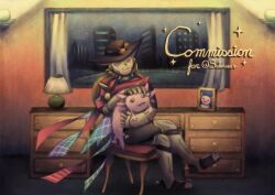  1boy appmon axolotl blonde_hair blue_eyes boots cape chair cityscape closed_mouth commission cowboy_hat crossed_legs curtains desk digimon digimon_universe:_appli_monsters facial_mark fortunemagex hat highres indoors lamp male_focus mechanical_arms original railroad_tracks red_cape sateramon sitting smile solo stuffed_toy two-tone_cape wall_lamp window 