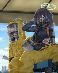  2girls @_@ bench black_hair blue_archive blue_shirt blue_sky blurry blurry_background breasts bright_pupils clouds collared_shirt combat_helmet commentary_request commission day dripping_sweat feet_out_of_frame green_eyes green_halo grey_halo gun halo hazmat_suit helmet highres holding holding_gun holding_weapon jumpsuit_partially_removed long_sleeves medium_breasts miyu_(blue_archive) multiple_girls oxygen_mask oxygen_tank purple_hair red_eyes saki_(blue_archive) sekino_takehiro shirt short_hair sitting skeb_commission sky steaming_body sweat tent weapon white_helmet white_pupils 