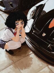  1girl absurdres afro bags_under_eyes black_car black_eyes black_hair black_shoes blue_skirt car casato commentary curly_hair ellie_(casato) english_commentary highres light_smile looking_at_viewer miniskirt motor_vehicle original porsche porsche_911 red_ribbon ribbon sailor_collar shoes skirt squatting thick_thighs thigh-highs thighs white_thighhighs 