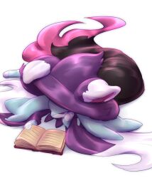  1girl animal_ears awoooooga black_fur book commentary english_commentary furry furry_female grey_fur highres katress multicolored_fur open_book pal_(creature) palworld purple_fur reading red_eyes simple_background solo white_background white_fur 