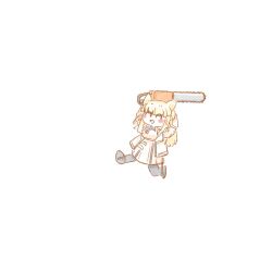  1girl :d ^^^ animal_ears arknights arknights:_endfield bird_ears bird_girl black_pantyhose blonde_hair blush_stickers chainsaw deformed dress full_body holding holding_chainsaw jacket long_hair long_sleeves open_clothes open_jacket pantyhose perlica_(arknights) simple_background skipping smile solo white_background white_dress white_jacket yatagae_(yatuno_llc) 