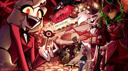  3girls 4boys alastor_(hazbin_hotel) angel_dust aura blonde_hair cannon charlie_morningstar colored_sclera crossed_arms cyclops detached_sleeves egg english_text fangs hair_ornament hat hazbin_hotel hellaverse highres husk_(hazbin_hotel) key kookiesz movie_theater multiple_boys multiple_girls niffty_(hazbin_hotel) one-eyed open_mouth red_eyes red_hair red_sclera red_theme scenery sir_pentious skirt smile staff v vaggie white_fur white_hair wings x_hair_ornament yellow_sclera 