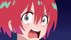  1girl absurdres agemasen!_(meme) amate_yuzuriha aqua_eyes earrings gundam gundam_gquuuuuux head_only highres jewelry looking_at_viewer meme open_mouth red_hair reprilo_channel shirt short_hair simple_background solo surprised umamusume wide-eyed 