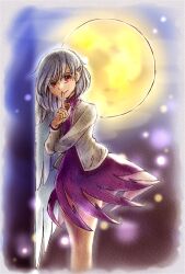  1girl aquanzu bow bowtie closed_mouth colorized commentary_request dress feathered_wings finger_to_mouth full_moon grey_hair grey_jacket highres jacket kishin_sagume looking_at_viewer mika_(alquermes) moon open_clothes open_jacket purple_dress red_bow red_bowtie red_eyes shushing single_wing smile solo touhou white_wings wings 