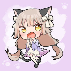  1girl animal_ear_fluff animal_ears black_bow blunt_bangs blunt_ends blush bow brown_hair cat_ears cat_girl cat_tail chibi chibi_only commentary dress frilled_dress frills full_body furrowed_brow fuyukusa_1 hair_bow hands_up heaven_burns_red highres long_hair long_sleeves looking_at_viewer low-tied_long_hair official_alternate_costume official_alternate_hairstyle ogasahara_hisame ogasahara_hisame_(desire_and_reverence) open_mouth pajamas paw_print paw_print_background purple_pajamas ribbon-trimmed_sleeves ribbon_trim short_dress sidelocks simple_background solo standing standing_on_one_leg tail tail_bow tail_ornament thigh-highs very_long_hair white_background white_bow white_dress white_thighhighs wide_sleeves yellow_eyes zettai_ryouiki 