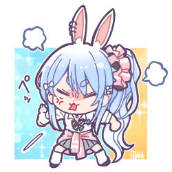  1girl :3 a-ka anger_vein angry animal_ear_fluff animal_ear_piercing animal_ears black_bow black_bowtie black_shoes blue_background blue_hair border bow bowtie cardigan cardigan_around_waist chibi chibi_only clenched_hands closed_eyes clothes_around_waist collared_shirt commentary_request diagonal-striped_bow diagonal-striped_bowtie diagonal-striped_clothes don-chan_(usada_pekora) dot_nose double-parted_bangs full_body fur_wrist_cuffs gradient_background grey_skirt gyaru hair_bow hair_ornament hair_scrunchie hairclip high_side_ponytail highres hikimayu hololive kogal leg_warmers long_hair multicolored_hair official_alternate_costume official_alternate_hairstyle open_mouth orange_background outside_border parallel_hairclips pink_cardigan pink_scrunchie pleated_skirt pom_pom_(clothes) pom_pom_hair_ornament puff_of_air rabbit_ears rabbit_girl school_uniform scrunchie shirt shoes short_eyebrows side_ponytail sidelocks signature single_wrist_cuff skirt solo sound_effects sparkle_background spitting striped_bow striped_bowtie striped_clothes thick_eyebrows two-tone_background two-tone_hair usada_pekora usada_pekora_(12th_costume) v-shaped_eyebrows virtual_youtuber white_border white_bow white_hair white_leg_warmers white_shirt wrist_cuffs 