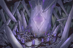  1girl 1other banner bing_huyue carving cave chibi commentary crystal english_commentary facing_back gem gem_hair_ornament hair_flaps highres hololive hololive_english koseki_bijou long_hair mexico moai pebble_(koseki_bijou) purple_gem purple_hair very_long_hair virtual_youtuber 