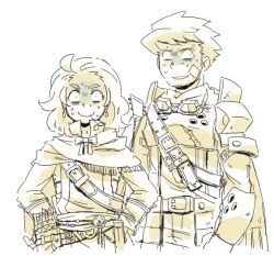  2boys armor bandaid bandaid_on_cheek bandaid_on_face bard_(sekaiju) bard_3_(sekaiju) belt belt_buckle bow bowtie breastplate buckle cloak closed_mouth commentary_request earrings goggles goggles_on_headwear jewelry long_hair looking_at_viewer looking_to_the_side male_focus monochrome motimamire mouth_hold multiple_boys nervous_smile nervous_sweating quiver sekaiju_no_meikyuu sekaiju_no_meikyuu_1 short_hair simple_background smile stalk_in_mouth standing sweat swordsman_(sekaiju) swordsman_1_(sekaiju) very_long_hair white_background 