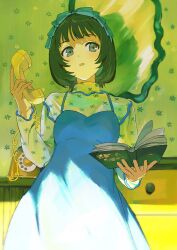  1girl antique_phone black_hair blue_bow blue_dress book bow cellphone commentary_request corded_phone cowboy_shot dress floral_print green_eyes green_hair hair_bow highres holding holding_book holding_phone indoors long_sleeves mirror open_book open_mouth original parted_lips phone rotary_phone see-through_clothes short_hair sleeveless sleeveless_dress solo standing tacit_1113 