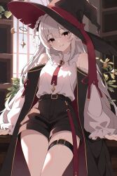  1girl belt bow braid brown_belt brown_hat brown_shorts commentary_request full_body grey_hair grin hat hat_bow highres indoors lips_creator777 long_hair long_sleeves looking_at_viewer necktie original plant red_bow red_eyes red_necktie shirt shorts skindentation smile solo thigh_belt thigh_strap thighs very_long_hair white_shirt window witch_hat 