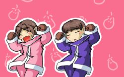  1boy 1girl :d animated animated_gif blue_coat blue_pants brown_hair caramelldansen_(meme) coat commentary creature dancing english_commentary fur-trimmed_coat fur_trim ice_climber looping_animation meme mittens nana_(ice_climber) pants pink_background pink_coat pink_pants popo_(ice_climber) short_hair smile tamarinfrog topi_(ice_climber) winter_clothes winter_coat 