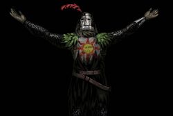  1boy armor arms_up artist_name belt belt_buckle black_background bracer brown_belt buckle chainmail commentary cowboy_shot dark_souls_(series) dark_souls_i english_commentary helm helmet knight long_sleeves male_focus multiple_belts outstretched_arms pixel_art pixel_hagl plume praise_the_sun simple_background solaire_of_astora solo tabard 