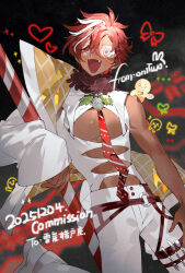  1boy :d boots candy candy_cane chinese_commentary clothing_cutout commentary_request dark-skinned_male dark_skin fang food hair_between_eyes heart highres looking_at_viewer male_focus multicolored_hair onitwo open_mouth original pants red_hair shirt short_hair sleeveless sleeves_past_wrists smile solo streaked_hair virtual_youtuber white_hair white_pants white_shirt 
