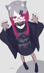  ... 1girl animal_ear_fluff animal_ears ankle_socks belt_collar black_collar black_nails black_shirt black_shoes black_socks cat_ears cat_girl claw_pose collar collarbone commentary_request dutch_angle fang fingernails from_above full_body glasses grey_background grey_hair hair_ornament hairclip hands_up heart heart_in_eye highres long_sleeves looking_at_viewer looking_up mary_janes multicolored_hair multicolored_nails nail_polish open_mouth original oversized_clothes oversized_shirt papaia_(quentingqoo) parallel_hairclips parted_bangs pink-framed_eyewear pink_eyes pink_hair pink_nails print_shirt semi-rimless_eyewear shirt shoes short_hair_with_long_locks simple_background skin_fang socks solo standing symbol_in_eye two-tone_hair under-rim_eyewear 