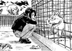  1girl 2others brother-tico cage can dated denim elephant full_body inktober jacket jeans looking_at_another medium_hair multiple_others original pants samantha_valentine_(brother-tico) shoes signature squatting wolf 