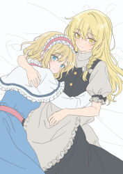  2girls absurdres alice_margatroid apron black_bow black_skirt black_vest blonde_hair blue_dress blue_eyes bow braid capelet closed_mouth commentary_request dress frilled_capelet frilled_hairband frills hair_bow hairband highres hug kirisame_marisa long_hair long_sleeves lying missing_headwear multiple_girls on_back pink_hairband pink_sash puffy_short_sleeves puffy_sleeves sash short_sleeves side_braid single_braid skirt sleeve_bow smile touhou tsuno_no_hito vest waist_apron waist_sash white_apron white_bow white_capelet yellow_eyes yuri 