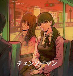  2girls belt black_hair blunt_bangs building bus bus_interior chainsaw_man collared_shirt cross_scar dual_persona eyelashes fence fourth_east_high_school_uniform hair_over_shoulder hands_on_own_thighs long_hair long_shirt long_sleeves mitaka_asa motor_vehicle multiple_girls neck_ribbon reflection ribbon road_sign scar scar_on_cheek scar_on_face scar_on_nose school_uniform shirt shwebyo sign skirt sunset suspender_skirt suspenders twintails white_shirt yoru_(chainsaw_man) 