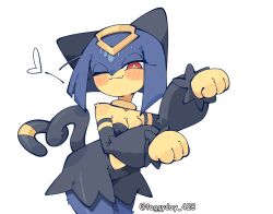  1girl animal_ears artist_name black_fur blue_fur blush_stickers cat_ears cat_girl cat_tail clenched_hands commentary foggyday_428 furry furry_female heart looking_at_viewer multicolored_fur one_eye_closed pal_(creature) palworld red_eyes sekhmet_(palworld) simple_background solo tail untranslatable_commentary white_background yellow_fur 