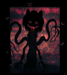  1girl abstract_background amy_rose animal_ears black_border blood blood_drip blood_from_mouth border colored_sclera colored_teeth commentary dress english_commentary extra_arms extra_faces extra_legs facing_viewer feet_out_of_frame furry furry_female hedgehog_girl horror_(theme) long_arms looking_at_viewer messy_hair monster monsterification realistic_teeth red_background red_sclera red_teeth silhouette solo sonic_(series) teeth tentacle_limbs tentacles tentacles_as_hands twentyann 