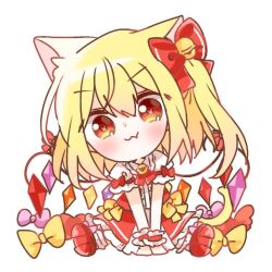  1girl animal_ears bell blonde_hair blush bow cat_ears cat_girl cat_tail chibi chibi_only closed_mouth collared_shirt commentary crystal crystal_wings fang flandre_scarlet frilled_shirt_collar frilled_wrist_cuffs frills hair_bell hair_bow hair_ornament jingle_bell kemonomimi_mode missing_headwear multicolored_wings neck_bell one_side_up red_eyes red_skirt red_vest red_wrist_cuffs shirt sitting skin_fang skirt sleeve_bow smile solo tail touhou untranslatable_commentary vest wakana1327 white_shirt wings wrist_cuffs 