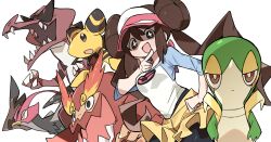  +_+ absurdres ampharos bird black_eyes black_pantyhose black_sclera blush brown_hair claws colored_sclera crocodilian darmanitan darmanitan_(standard) donut_hair_bun double_bun fangs feathers fire forehead_jewel hair_bun highres krookodile looking_at_viewer looking_down nostrils pantyhose pantyhose_under_shorts partially_shaded_face poke_ball_print pokemon pokemon_(creature) pokemon_focus raglan_sleeves rosa_(pokemon) sharp_teeth shorts sidelocks snake snivy teeth unfezant unfezant_(male) visor_cap white_background yellow_shorts yuateheng 