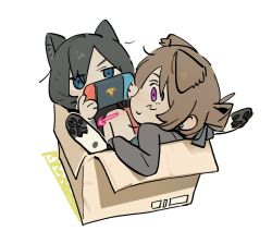  2girls animal_ears animal_hands bddd777 blue_eyes box brown_hair cardboard_box cat_ears closed_mouth commentary_request controller dog_ears game_controller holding holding_controller holding_game_controller in_box in_container kemonomimi_mode long_hair miyagi_shiori multiple_girls nintendo_switch sendai_hazuki shuuniichido_classmate_wo_kau_hanashi simple_background smile violet_eyes white_background 