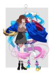  2girls ahoge blue_cape blue_dress blue_eyes blue_hair boots brown_hair cape commentary_request covering_face cure_sky dress gradient_hair hair_ornament highres hirogaru_sky!_precure long_hair looking_at_another magical_girl multicolored_hair multiple_girls pink_hair precure red_cape skirt smile sora_harewataru speech_bubble standing streaked_hair tete_a thigh-highs thighs translation_request twintails two-tone_cape two-tone_hair very_long_hair white_thighhighs wing_hair_ornament 