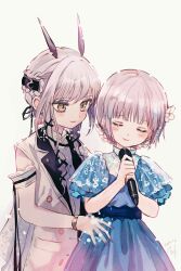  2girls blue_dress blush closed_eyes closed_mouth commentary dress english_commentary flower grey_background hair_flower hair_ornament highres holding holding_microphone horns la_pucelle_(mahoiku) long_hair magical_girl mahou_shoujo_ikusei_keikaku mahou_shoujo_ikusei_keikaku_unmarked maruino microphone multiple_girls short_hair smile snow_white_(mahoiku) untranslatable_commentary white_flower yellow_eyes yuri 