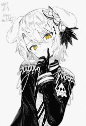  1girl aiguillette animal_ears black_gloves blush closed_mouth crossed_bangs dated dog_ears epaulettes fang fang_out feather_hair_ornament feathers finger_to_mouth gloves greyscale hair_between_eyes hair_ornament hand_up happy_birthday hasumi_leia head_tilt highres index_finger_raised jacket limpiderm long_sleeves looking_at_viewer mahou_shoujo_no_majo_saiban monochrome short_hair shushing signature simple_background smile solo spot_color upper_body virtual_youtuber white_background yellow_eyes 